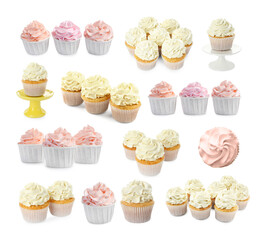 Tasty cupcakes with cream isolated on white, set