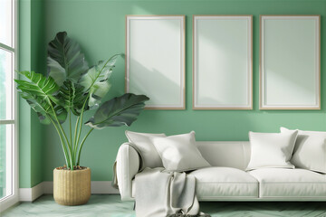 Living room interior with couch and blank photo frame on the wall, version 182