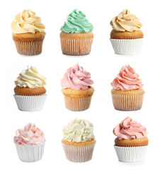 Tasty cupcakes with cream isolated on white, set