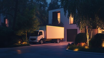 Night delivery truck parked at a modern house driveway.