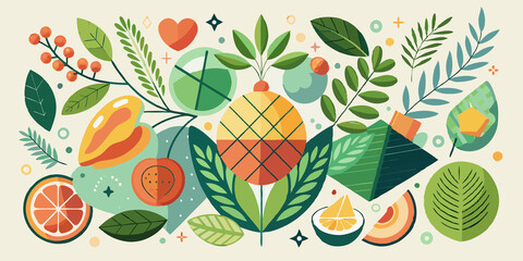 Colorful abstract  illustration of fruits, leaves, and natural elements in modern flat design style for decor or branding.