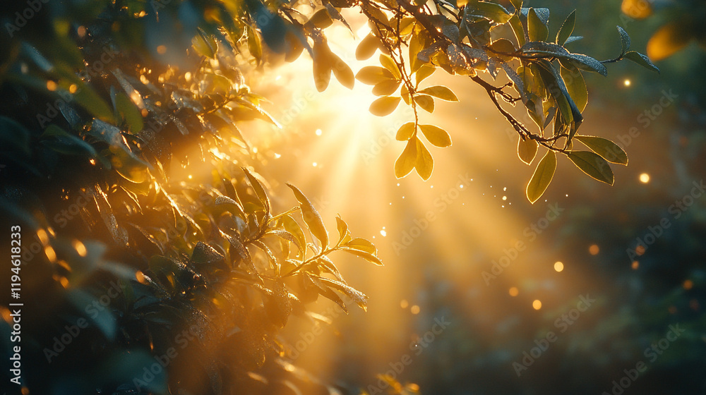 Poster natural sunlight filters through leaves creating a warm glow in a forest setting