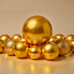 Abstract artistic arrangement of shiny golden spheres of various sizes on a warm background, reflecting elegance and modern design.