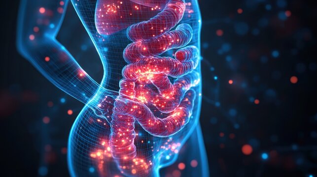 Abstract representation of the human digestive system illuminated with glowing particles against a dark background
