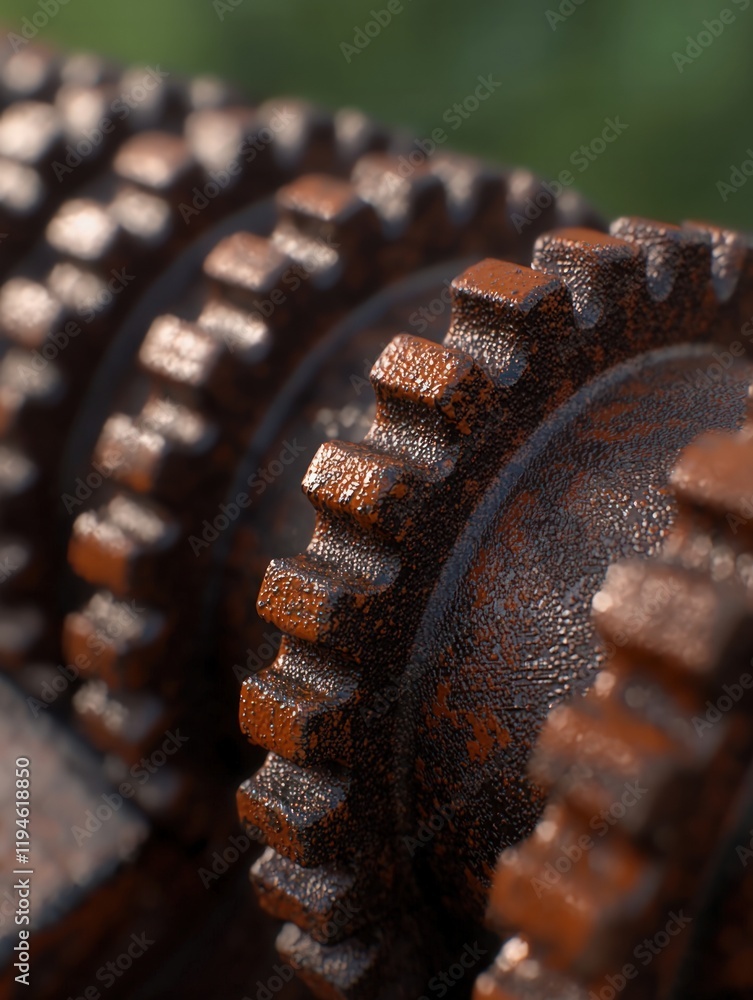 Poster a close-up of rusty gears showcasing intricate details and textures, emphasizing the passage of time