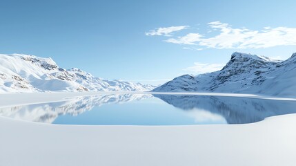 Pristine snowy mountain landscape with a clear reflective lake under a bright blue sky on a sunny day.