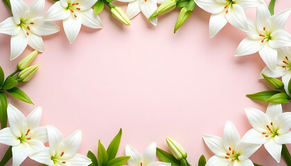 Obraz premium Lily floral frame with white flowers and green leaves on a soft pink background