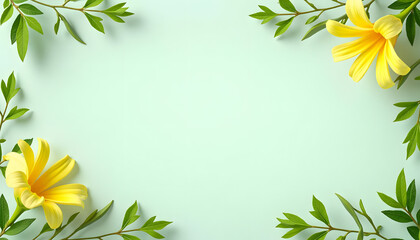 Yellow flowers and green leaves in a minimalistic style on a light blue background with copy space
