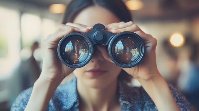 Young Woman Using Binoculars To Observe Her Surroundings