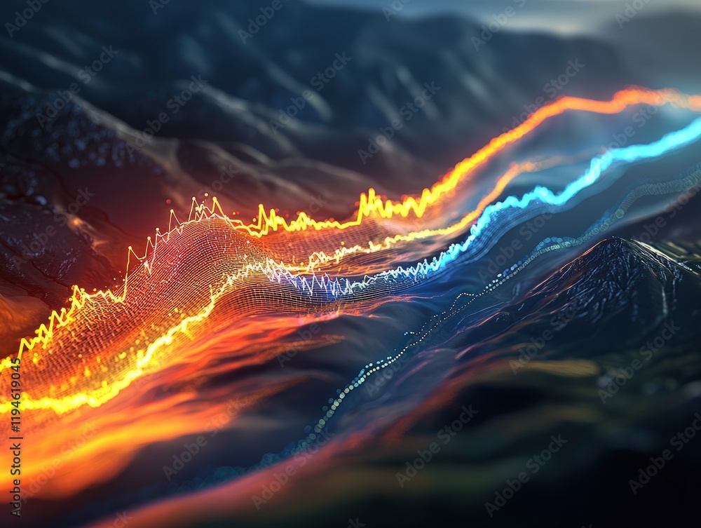 Poster a vibrant digital landscape featuring flowing lines of orange and blue, resembling sound waves or da