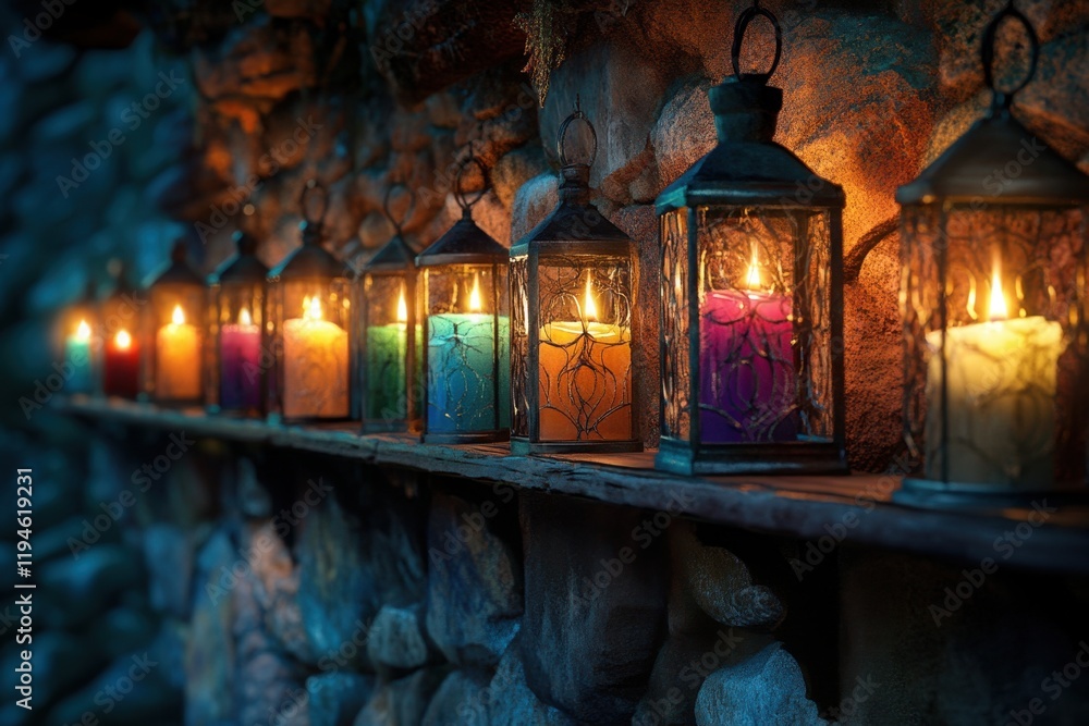 Poster a row of colorful candles are lit up on a shelf