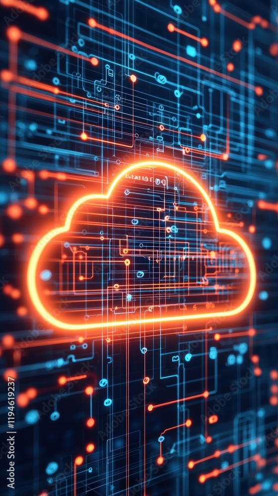 Poster a vibrant digital illustration of a cloud symbol, surrounded by lines and nodes, representing cloud 