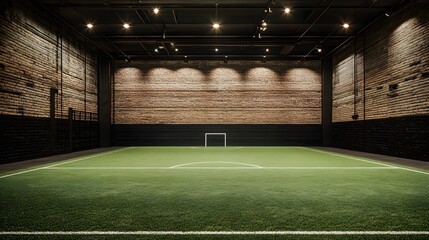 Indoor Soccer Field: Brick Walls, Green Turf