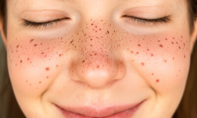 Fototapeta premium Close-up of a person’s face showcasing a beautiful collection of freckles scattered across the nose cheeks