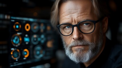 Serious mature man with glasses, looking at screen.