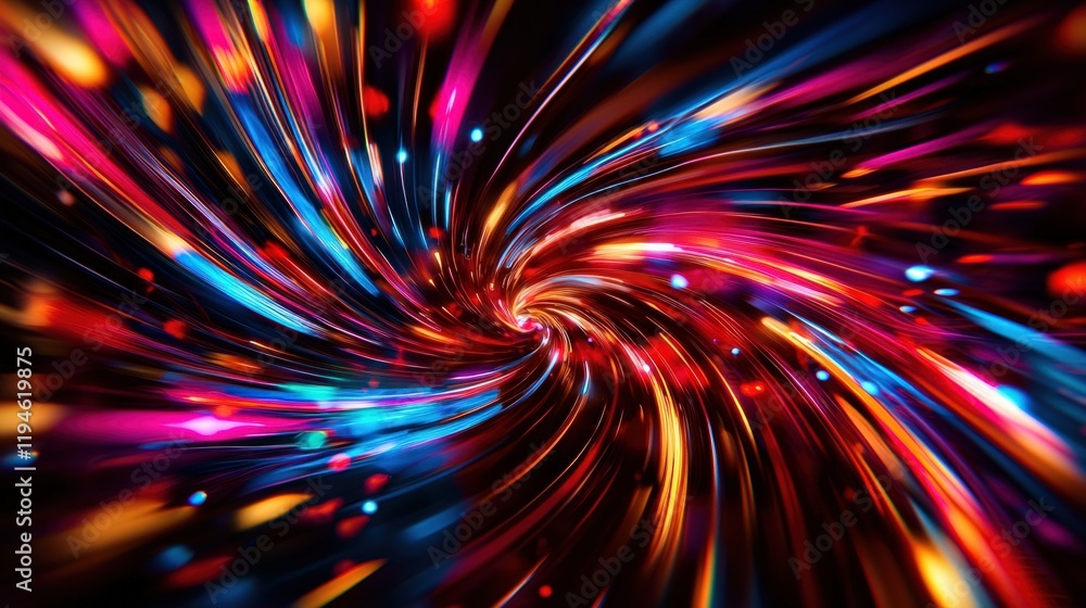 Poster a vibrant swirl of colorful lights, creating a mesmerizing motion effect against a dark background.