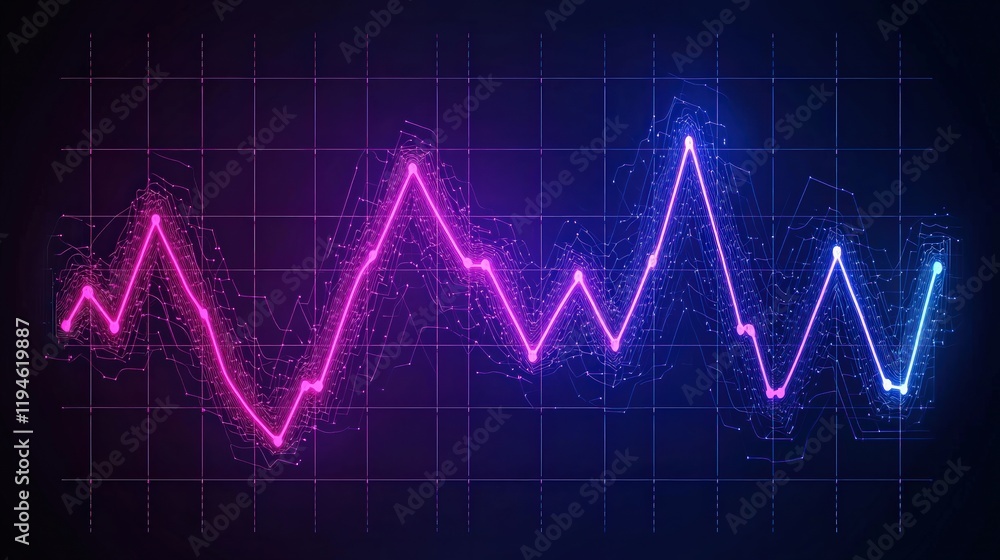 Poster a vibrant digital graph displays fluctuating values in pink and blue, representing data trends and a