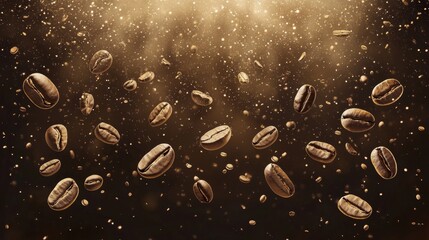 Dynamic Coffee Beans Cluster Appearing to Rain in Golden Light