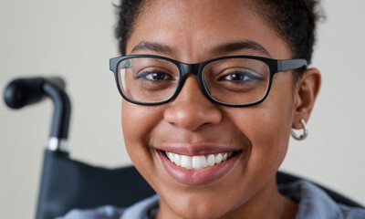 Close-up of a smiling person with disabilities showcasing confidence and empowerment