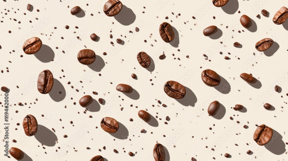 Poster scattered coffee beans creating a gentle shadow pattern on surface