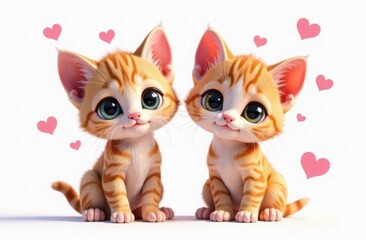 cartoon kittens on white background with pink hearts