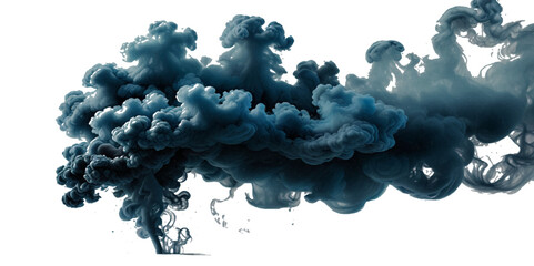 Beautiful blue smoke plume isolated on transparent background. bright orange paint color powder festival background.	
