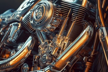 Fototapeta premium A close up of a motorcycle engine with a shiny, metallic finish