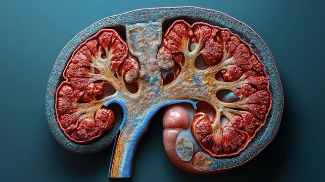 Detailed anatomical illustration of a human kidney showcasing its structure and functions vividly