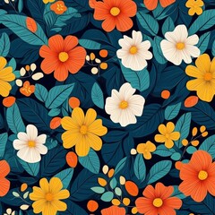 Vibrant Colorful Floral Pattern Design Featuring Bright Orange and White Flowers Surrounded by Lush Green Leaves on a Dark Background