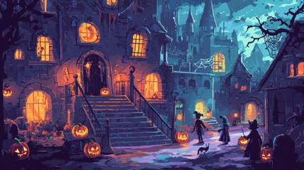 Obraz premium Kid boys group or friends in Halloween costumes in spooky abandoned broken castle hall or ballroom with stairs and large windows, holes and cobweb at night. Cartoon vector scary holiday scene.