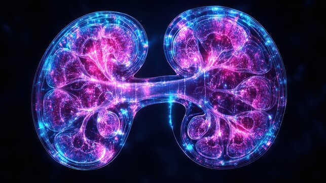 Abstract representation of a glowing kidney with vibrant colors and intricate patterns against a dark background
