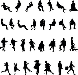 30 vector or png silhouettes of people in various poses, including sitting, leaning, walking, running, and engaging in daily activities. Perfect for use in architectural designs, presentation