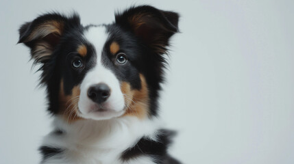 A close-up portrait of a puppy with striking blue eyes and a charming expression, evoking feelings of tenderness and companionship.