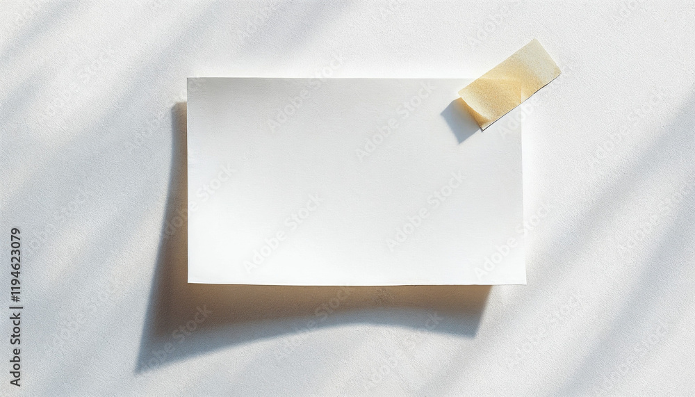 Poster blank note with tape resting on a soft surface illuminated by sunlight in the afternoon