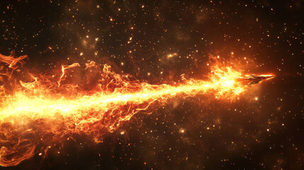 Beam laser effect for weapon or gun in game vector. Magic blaster explode shot with energy and lightning. Fire ray power attack pulse illustration on dark background. Fireball shoot in cosmic battle.