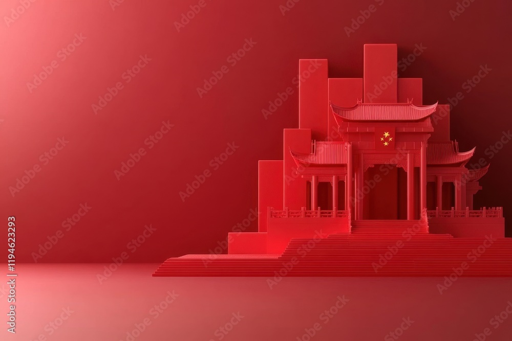 Poster a red background with a building in the foreground
