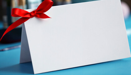 Blank greeting card with red ribbon placed on a blue table, perfect for personalization and special occasions