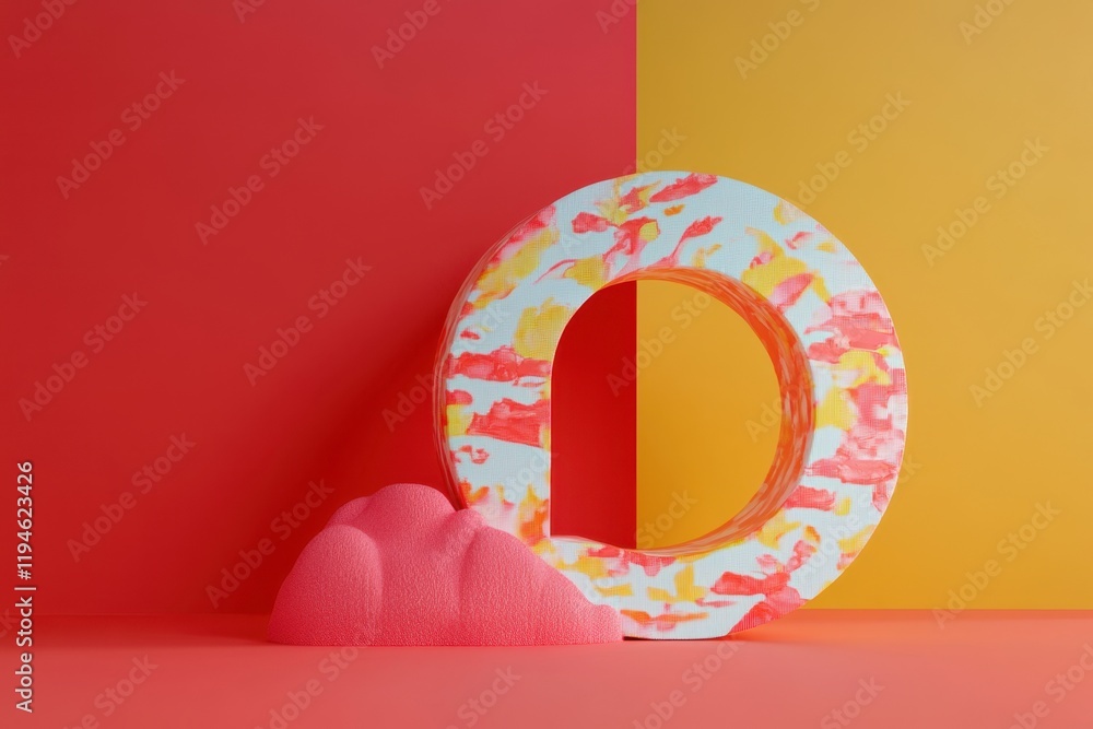 Poster a red and yellow object with a white letter d is placed on a red background