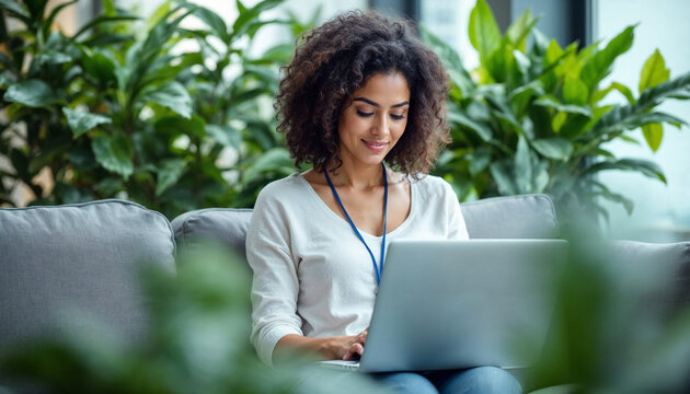 Young woman working on laptop in a bright, green indoor space during daylight hours
