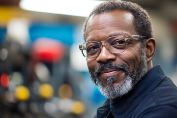 Obraz premium A smiling craftsman with glasses stands proudly in a modern workshop, surrounded by new-age tools and equipment, exuding positivity and expertise.