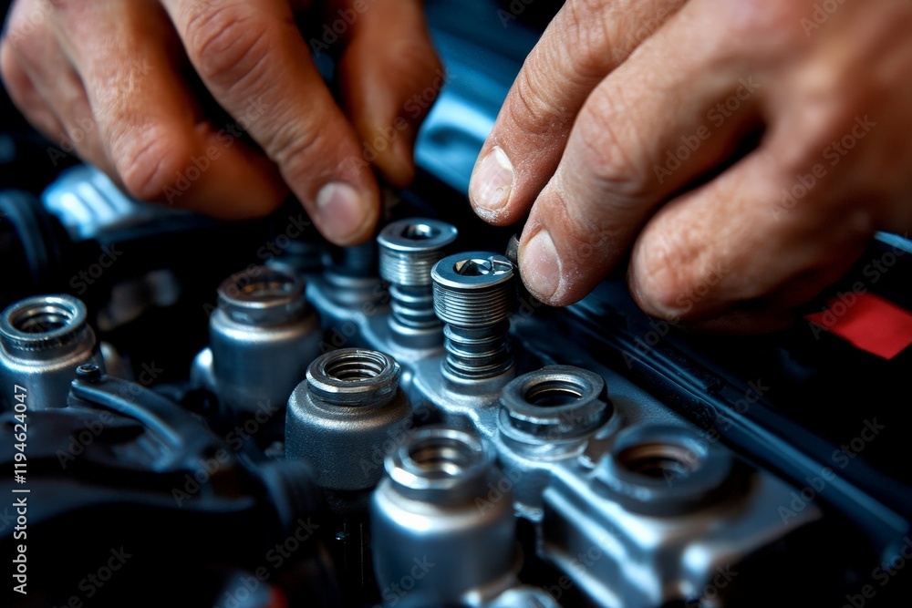 Poster close-up view of hands meticulously assembling metallic mechanical parts, showcasing precision and d