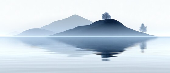 Serene misty mountain lake reflection.