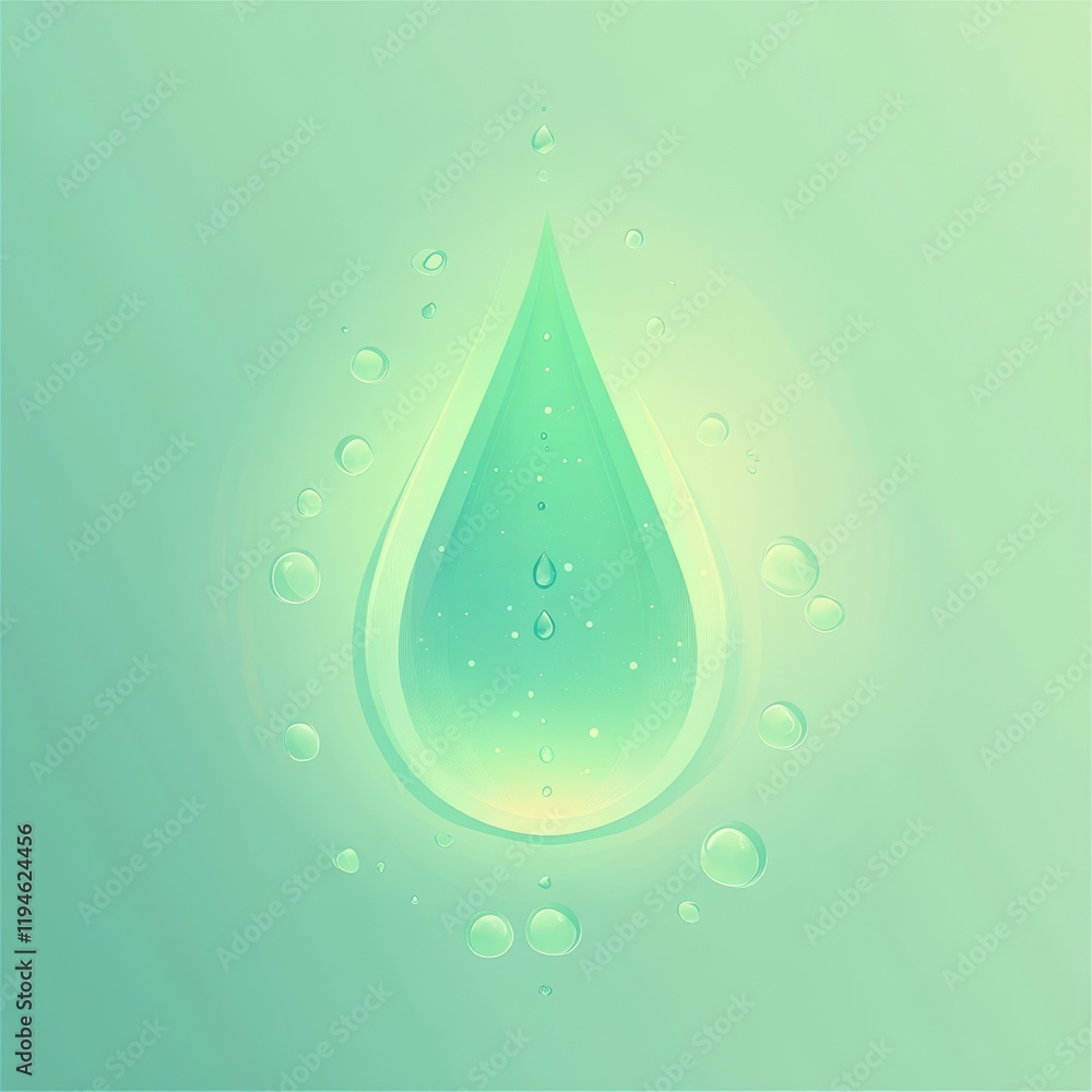 Aufkleber glowing central drop surrounded by smaller droplets on soft background