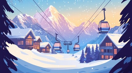 Naklejka premium Colorful ski cabin lift for mountain skiers and snowboarders moves in the air on a cableway,ski resort with snowy hill,Skiing and snowboarding,Active vacation weekend,Winter holiday.