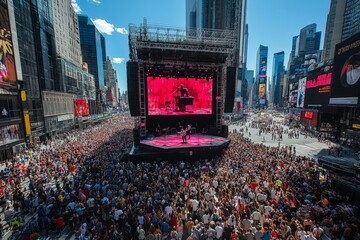 An outdoor music event stage attracts a massive crowd in an urban environment, showcasing the energy and excitement of a city-based live concert experience.