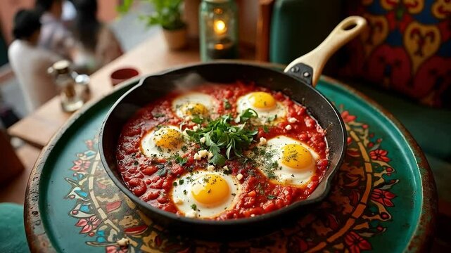 Shakshuka con huevos pochados en salsa de tomate servida en sart&eacute;n de hierro