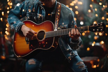 Obraz premium A musician playing an acoustic guitar while surrounded by festive bokeh lights, wearing a denim jacket, creating a magical and artistic atmosphere in the scene.