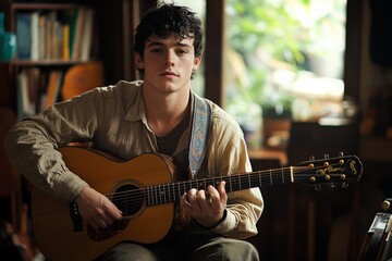 Obraz premium A teenage guitarist seated in a sunlit room, playing an acoustic guitar with contemplative focus, showcasing a peaceful and introspective moment of musical harmony.