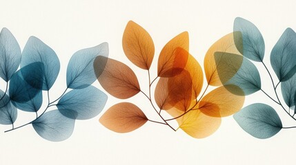 Translucent leaves in blue, orange, and yellow arranged across a white background