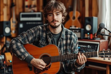 Obraz premium A young man in a cozy music studio, intently playing an acoustic guitar, surrounded by musical instruments, capturing the focus and dedication of a musician.